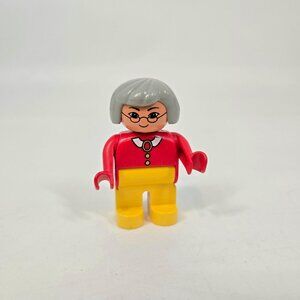 Vintage 90s Lego Duplo Asian Grandma Figure Gray Hair Glasses Red Shirt Brooch